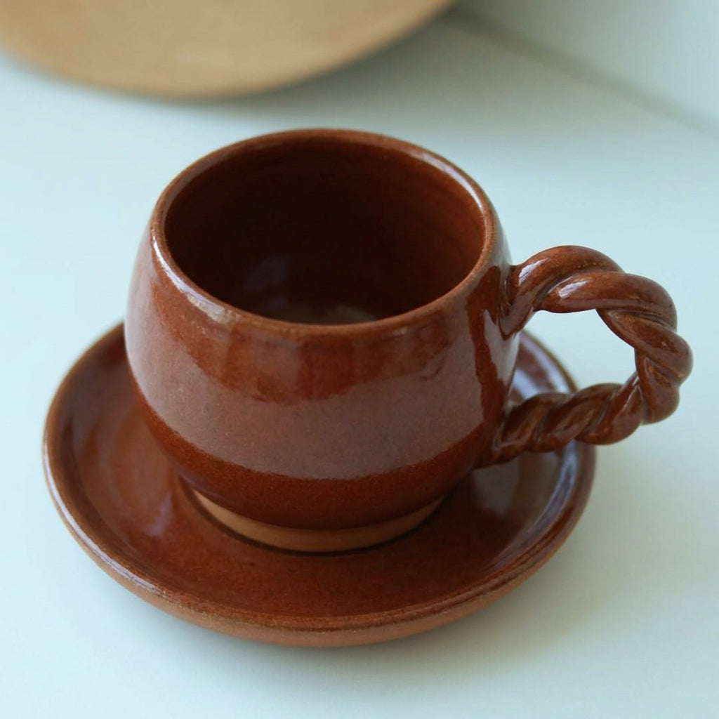 Xícara Esfera com Alça Espiral em cerâmica artesanal — tamanho 100ML, argila Cappuccino, esmalte Sol de Terracota