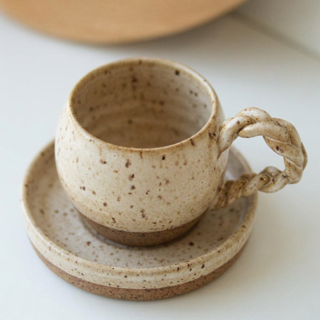 Xícara Esfera com Alça Espiral em cerâmica artesanal — tamanho 100ML, argila Flocos, esmalte Pedra Sabão