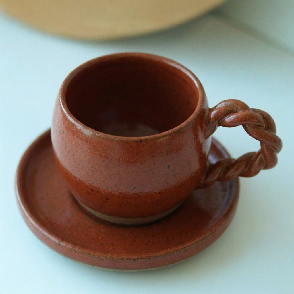 Xícara Esfera com Alça Espiral em cerâmica artesanal — tamanho 180ML, argila Flocos, esmalte Sol de Terracota