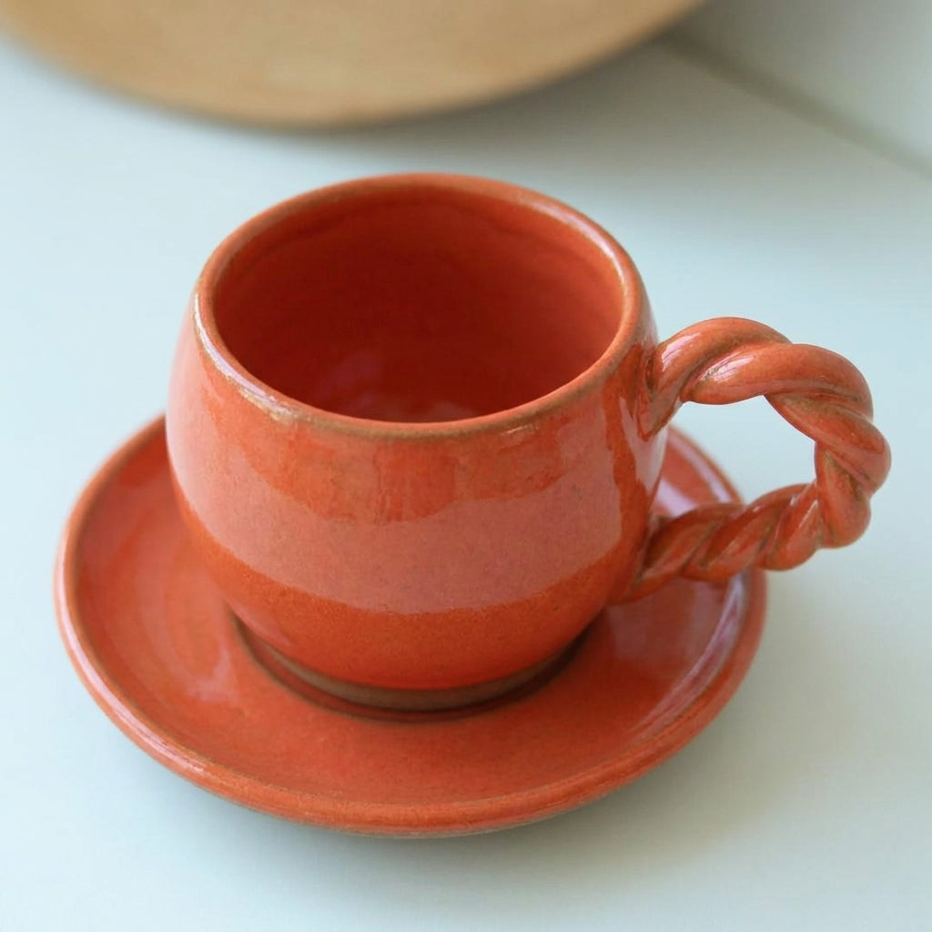 Xícara Esfera com Alça Espiral em cerâmica artesanal — tamanho 250ML, argila Cappuccino, esmalte Laranja Intenso