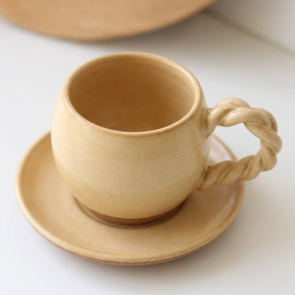 Xícara Esfera com Alça Espiral em cerâmica artesanal — tamanho 250ML, argila Cappuccino, esmalte Pedra Sabão