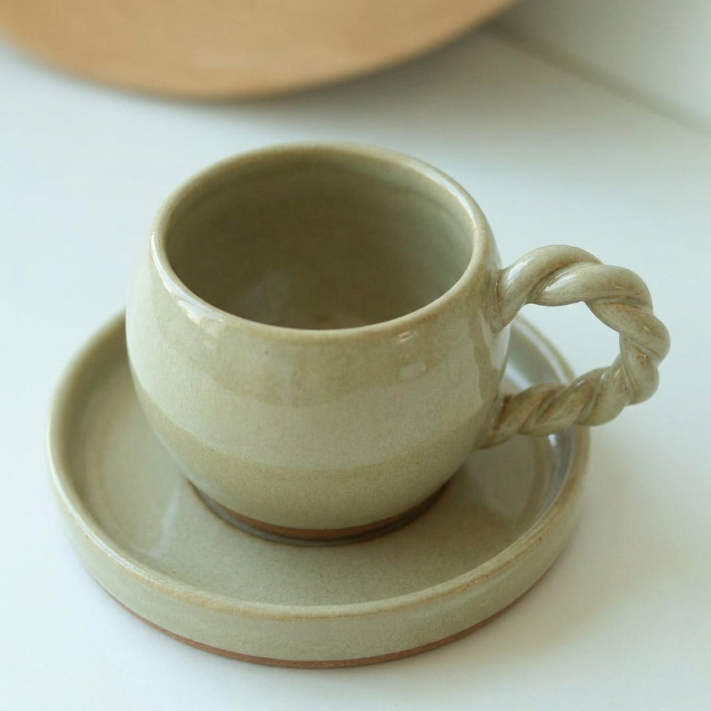 Xícara Esfera com Alça Espiral em cerâmica artesanal — tamanho 250ML, argila Cappuccino, esmalte Verde Pompeia