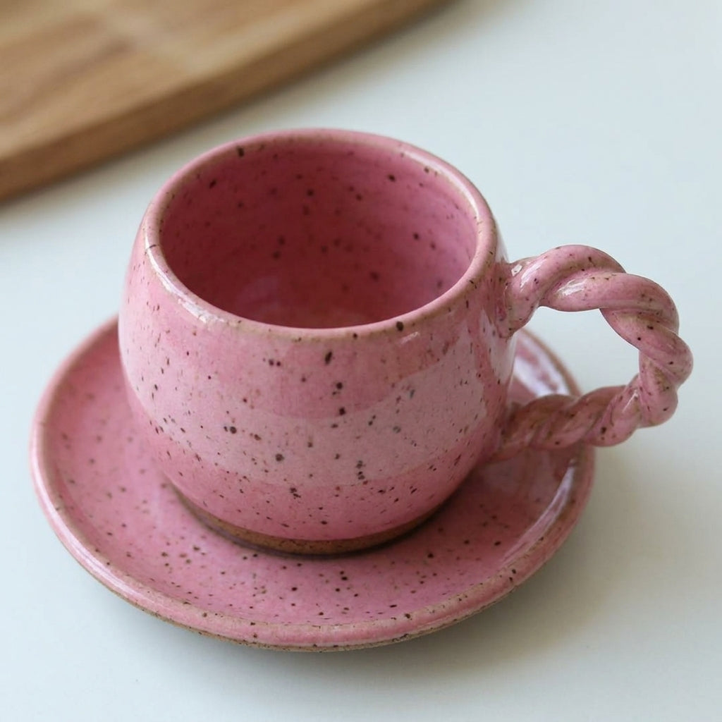 Xícara Esfera com Alça Espiral em cerâmica artesanal — tamanho 250ML, argila Flocos, esmalte Rosa Barbie