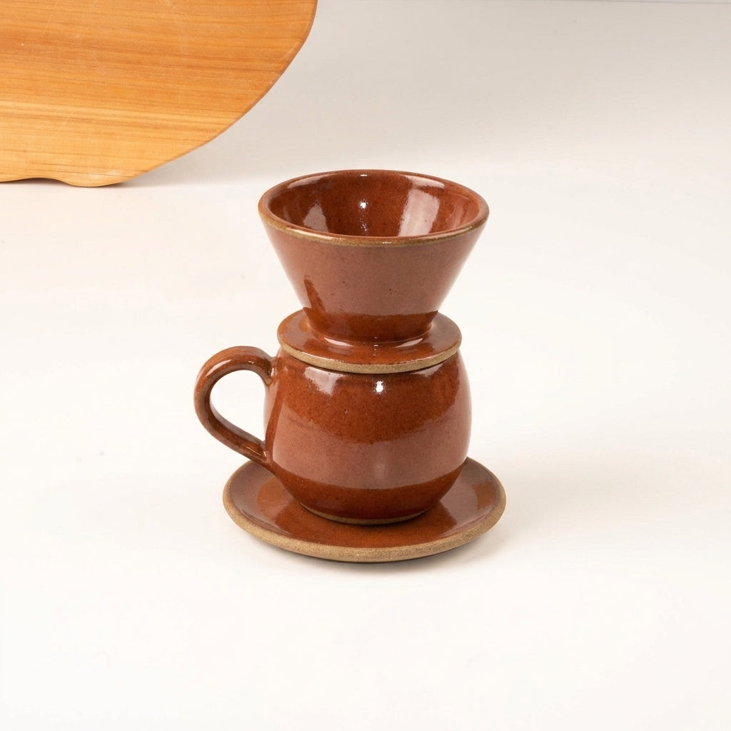 Xícara Esfera com porta filtro em cerâmica artesanal — argila Cappuccino, esmalte Sol de Terracota