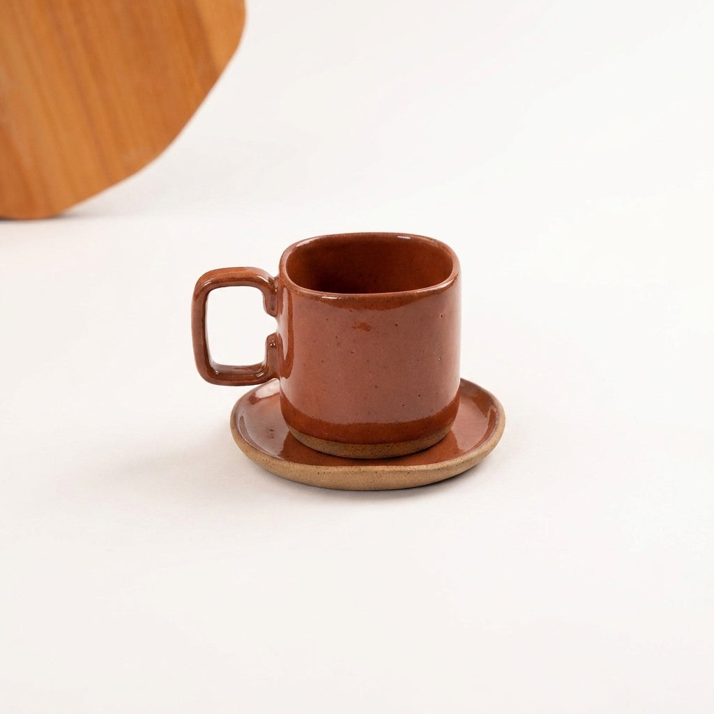 Xícara Quadrada em cerâmica artesanal — tamanho 250ML, argila Cappuccino, esmalte Sol de Terracota
