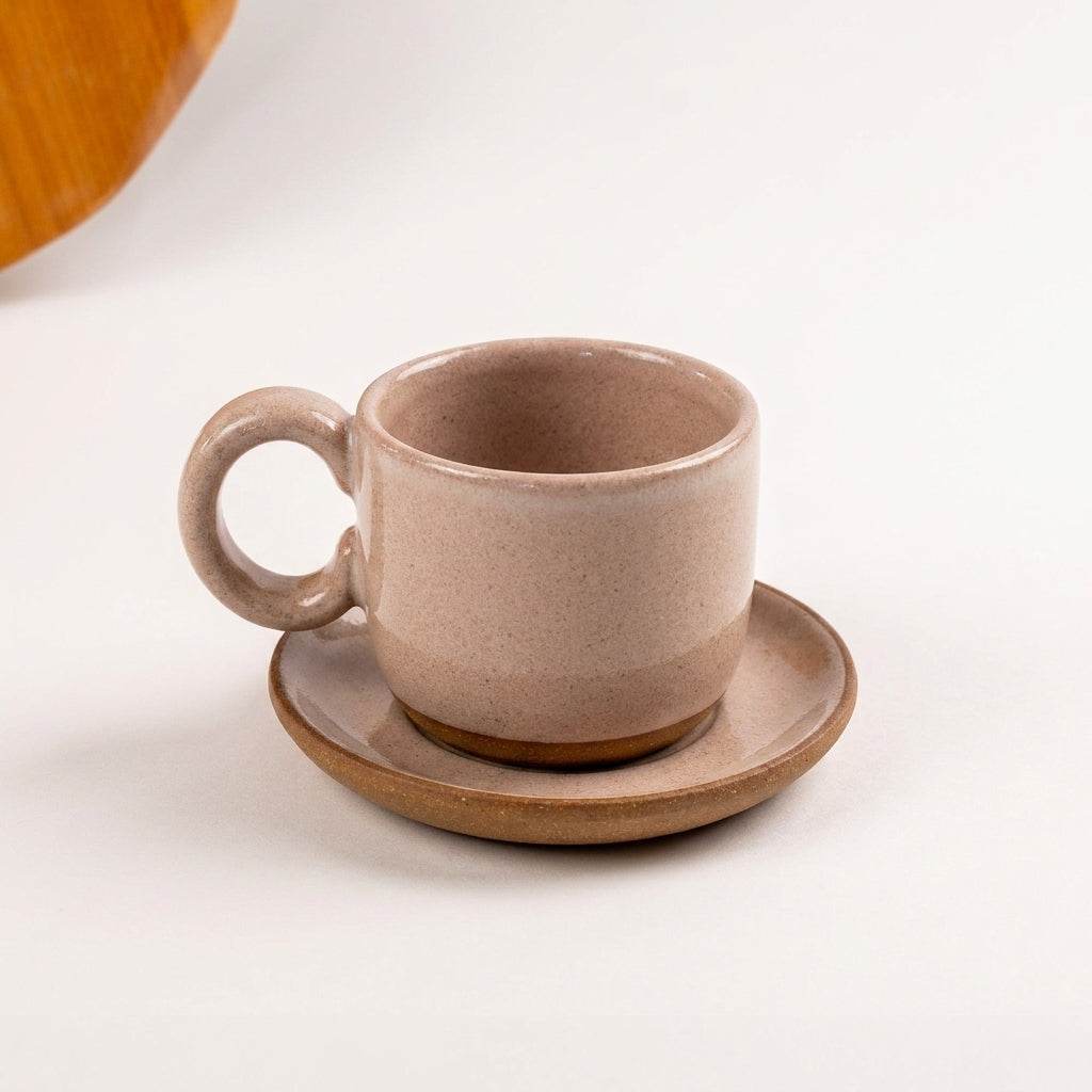 Xícara  Alça Arco em cerâmica artesanal — tamanho 100ML, argila Cappuccino, esmalte Nude