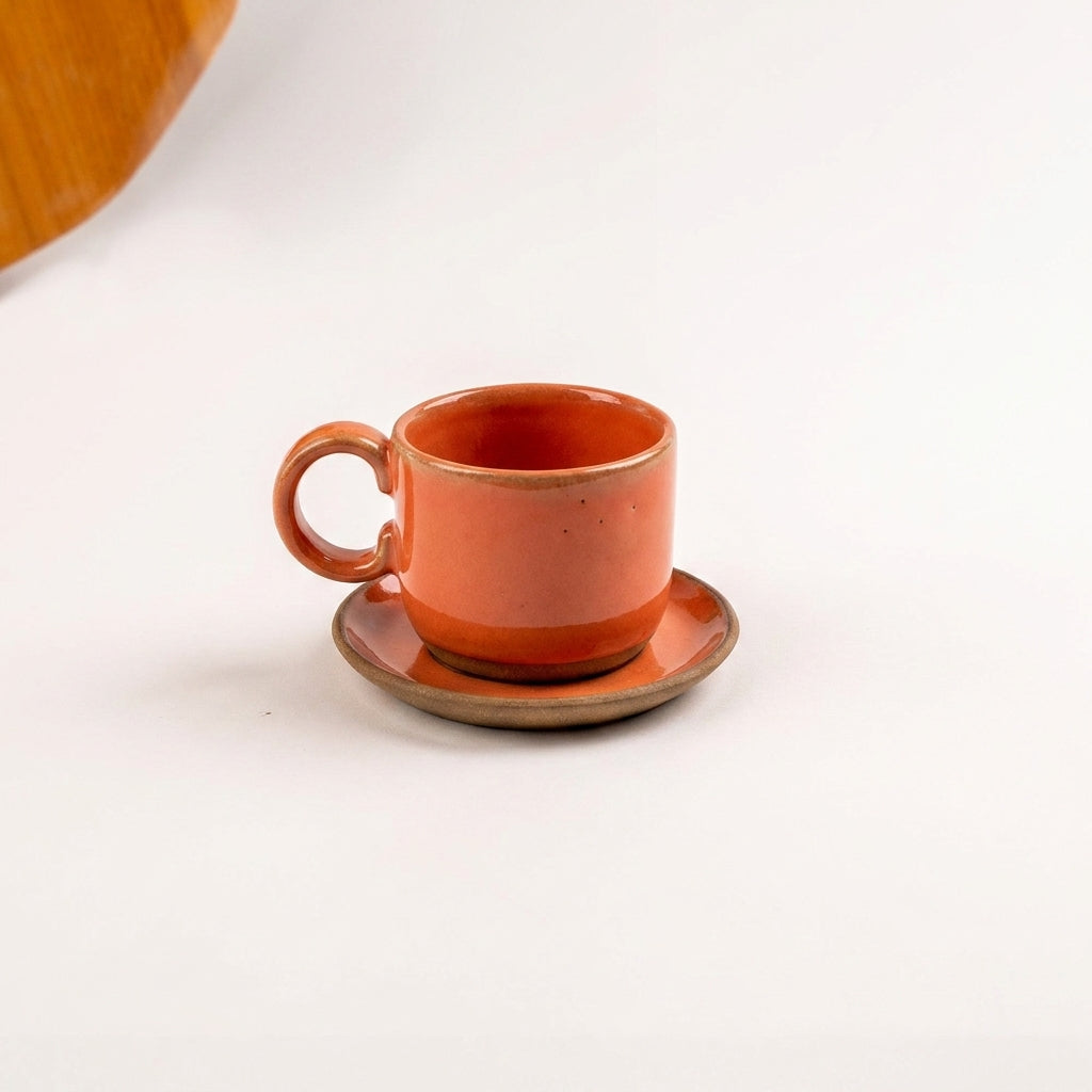 Xícara  Alça Arco em cerâmica artesanal — tamanho 180ML, argila Cappuccino, esmalte Laranja Intenso