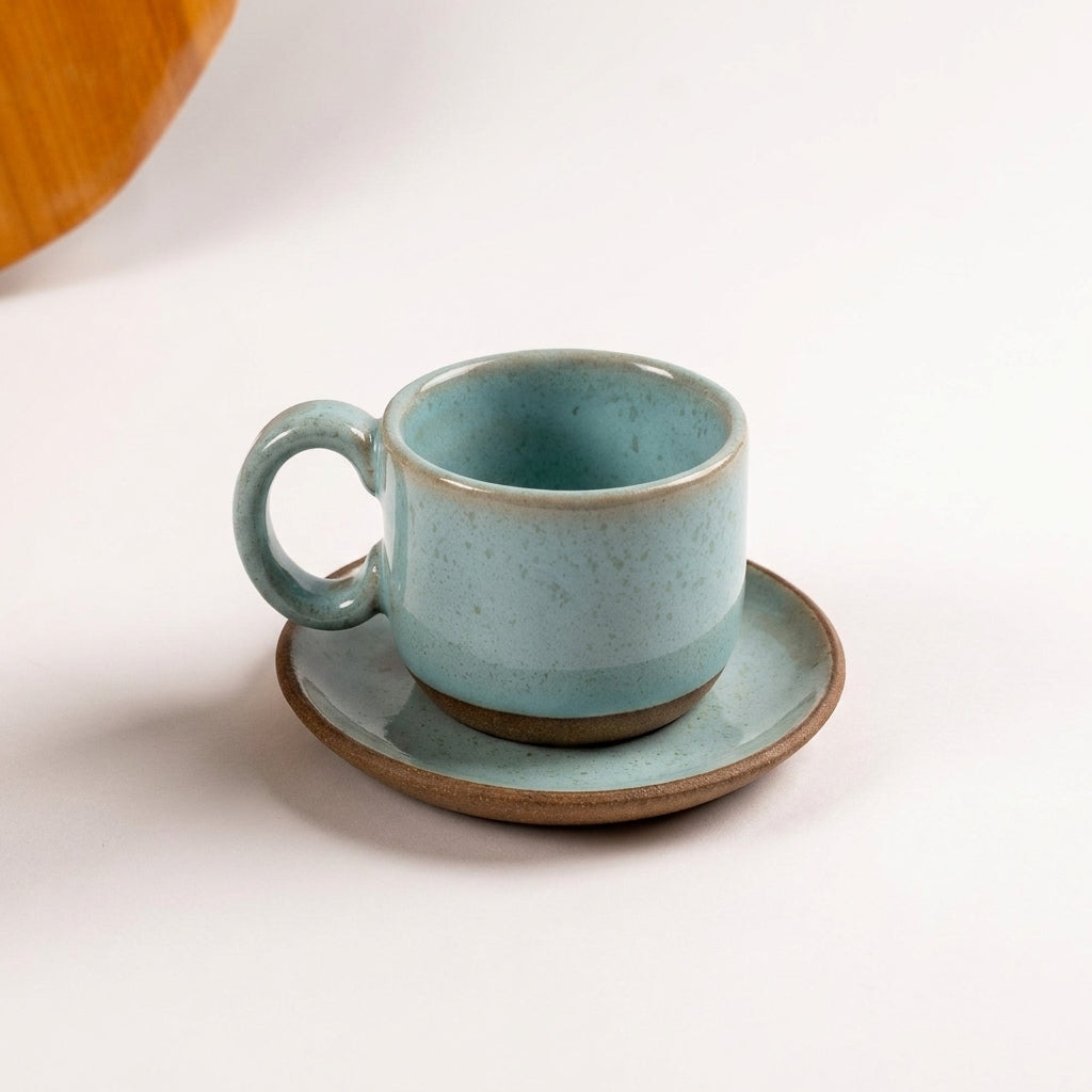 Xícara  Alça Arco em cerâmica artesanal — tamanho 50ML, argila Cappuccino, esmalte Jujuba