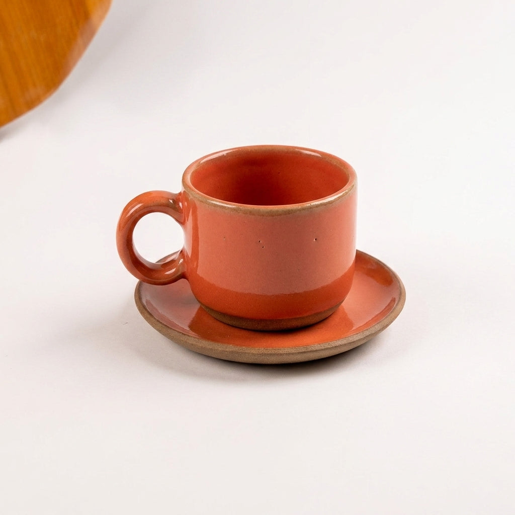 Xícara  Alça Arco em cerâmica artesanal — tamanho 50ML, argila Cappuccino, esmalte Laranja Intenso