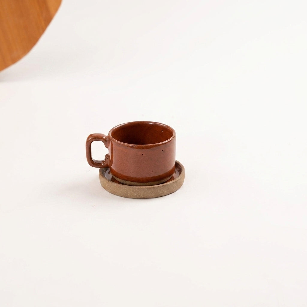 Xícara Borda Reta em cerâmica artesanal — tamanho 100ML, argila Cappuccino, esmalte Sol de Terracota