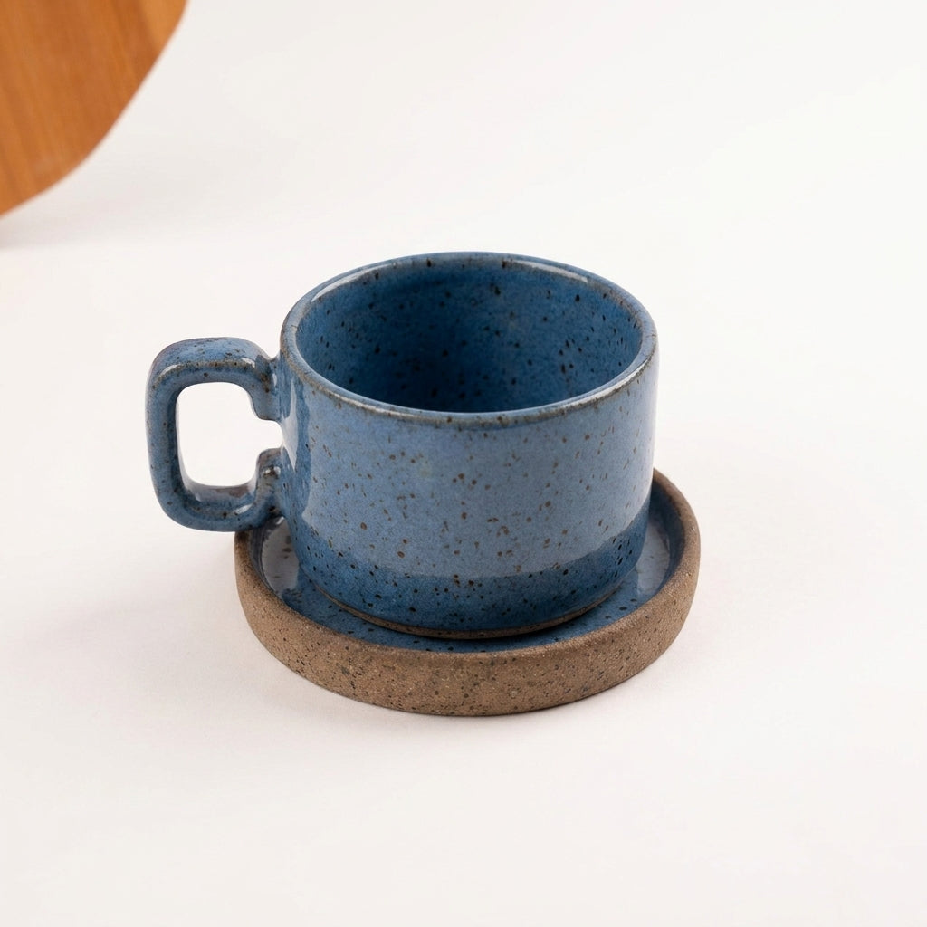 Xícara Borda Reta em cerâmica artesanal — tamanho 100ML, argila Flocos, esmalte Azul Safira