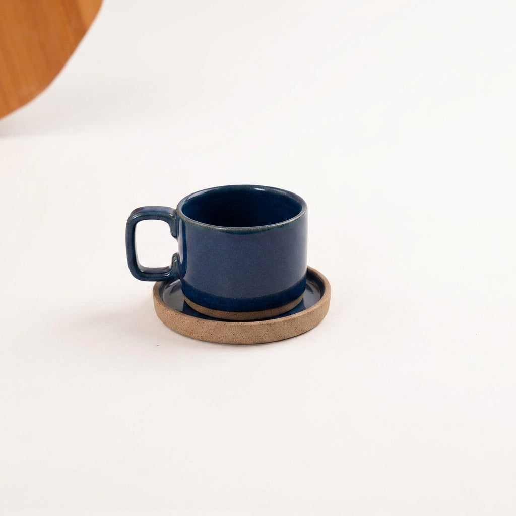 Xícara Borda Reta em cerâmica artesanal — tamanho 180ML, argila Cappuccino, esmalte Lazuli