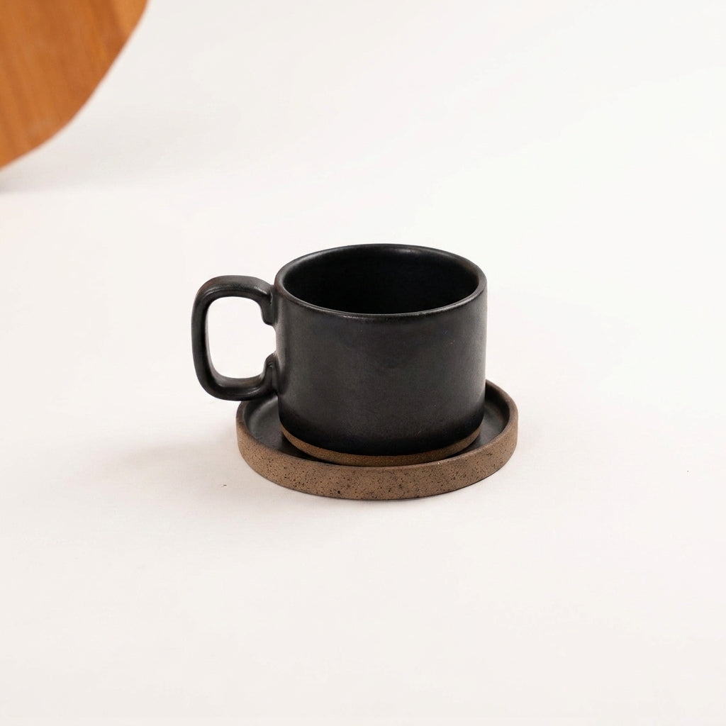 Xícara Borda Reta em cerâmica artesanal — tamanho 250ML, argila Cappuccino, esmalte Preto Acetinado