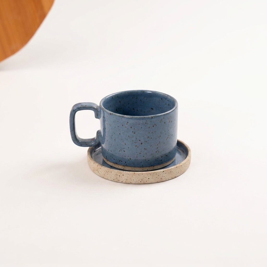 Xícara Borda Reta em cerâmica artesanal — tamanho 250ML, argila Flocos, esmalte Azul Safira